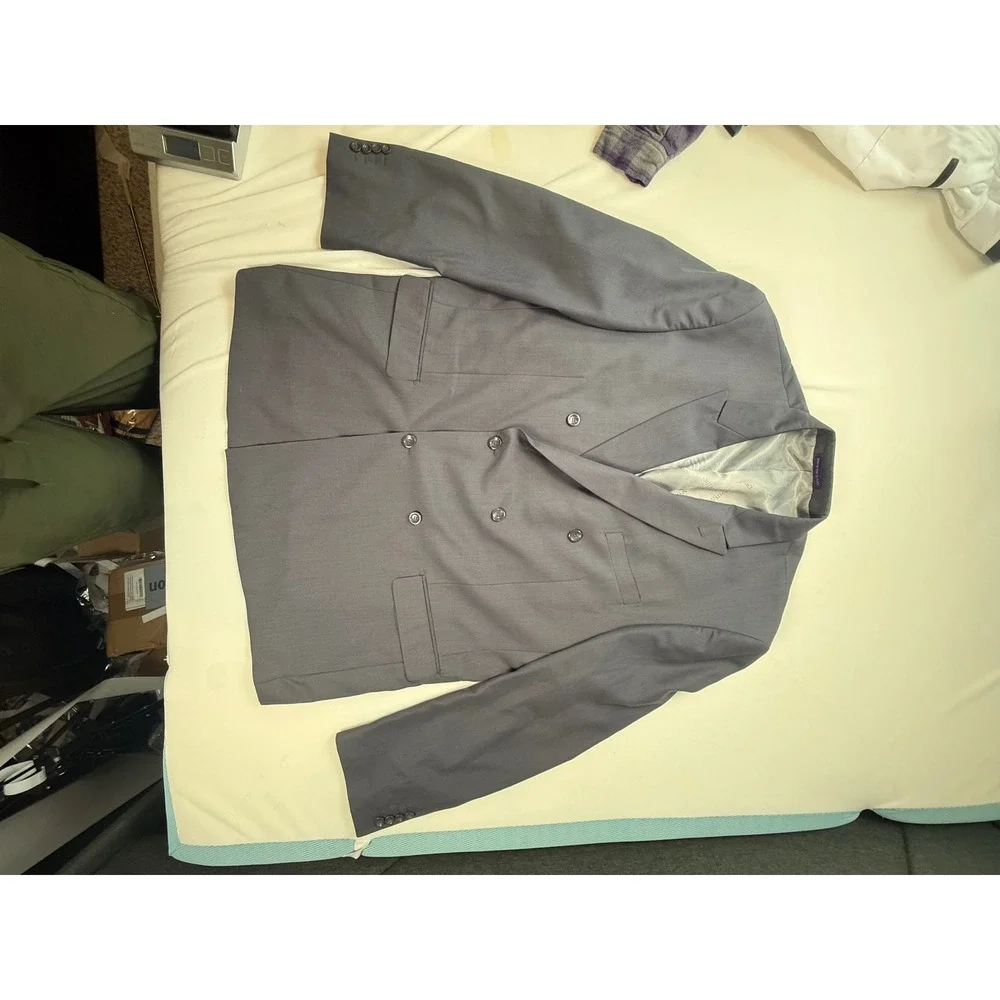 Vinci Mens Gray Double Breasted Blazer Suit Jacket 50L Peak Lapel Professional